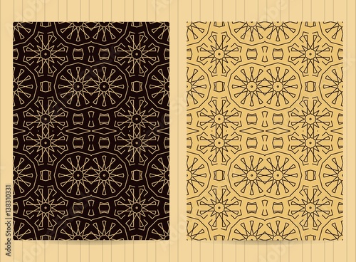 5x7 inch size cards decorated with mandala in golden color. Vector template in eastern, oriental style for restaurant menu, flyer, greeting card, brochure, book cover and any other decoration.