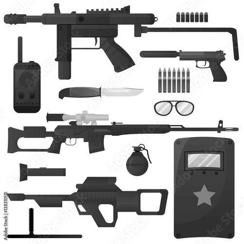 Military weapon, army special forces arms ammunition vector icons