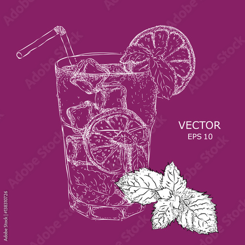Hand drawn mojito cocktail in glass with lime. Vector illustration