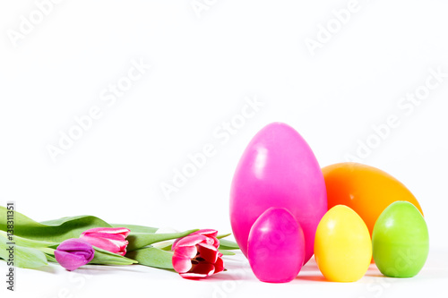 Easter eggs with tulips rabbit and sheep