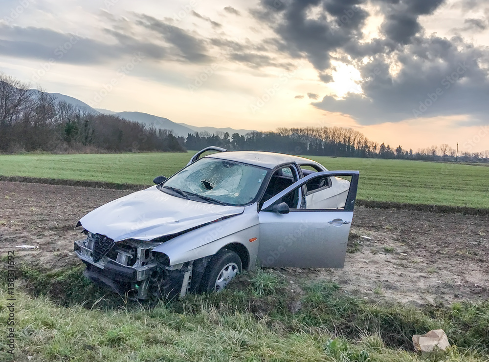 Fototapeta premium Car accident. Wreckage at road side