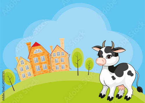 Vector children s background with the image of a rural landscape and a ridiculous cow