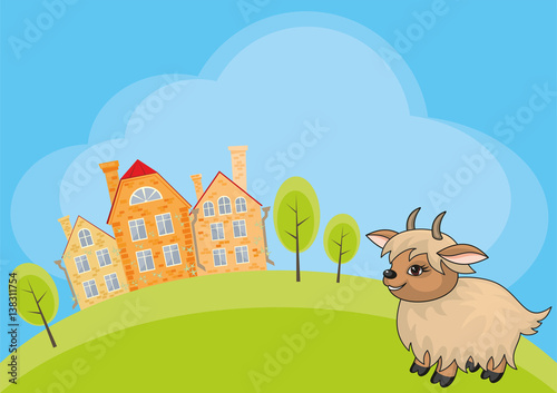 Vector children s background with the image of a rural landscape and a ridiculous goat