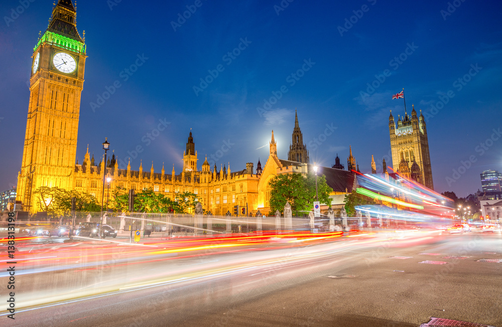 Car light trails under Westminster Palace, London