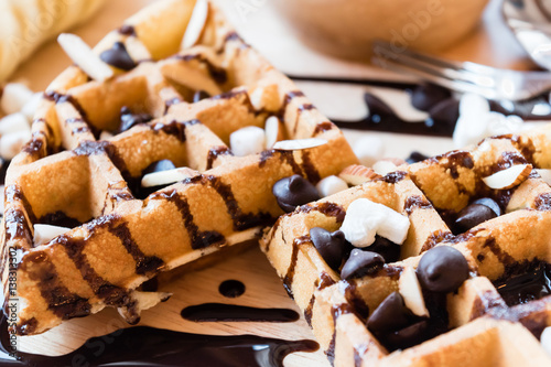 delicious sweet dessert : homemade waffle with chocolate sauce