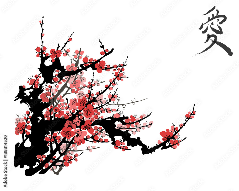 Obraz premium Realistic Sakura Blossom - Japanese Cherry Tree. Artistic Branch Plum Blossom.