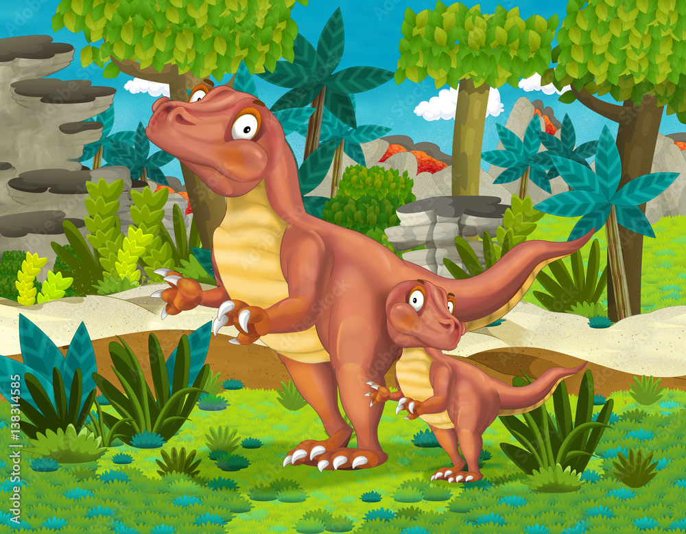 Naklejka kreskówka szczęśliwy dinozaur raptor z dzieckiem - ilustracja dla dzieci