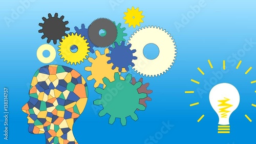 Gears rotate inside the human brain and an idea, animation, cartoon