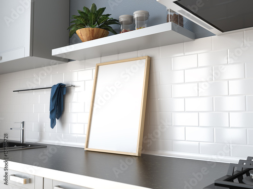 Mock up poster, kitchen scene, interior, 3d rendering