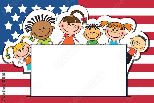 children on American flags banner independence day vector