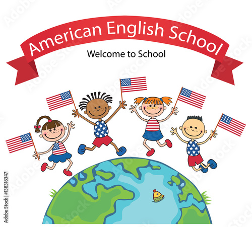 American children holding jumping flags