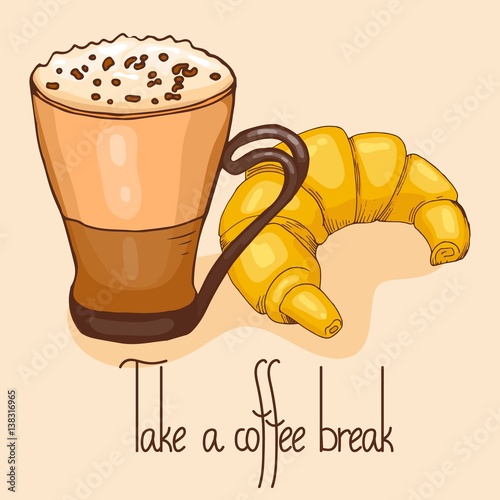 Coffee and croissant. Take a break. Vector illustration, cartoon style