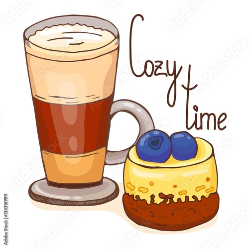 Coffee and cake. Vector illustration, hand drawn style