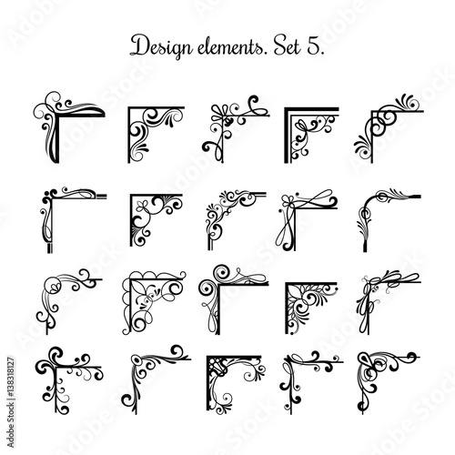 Victorian flourish corners isolated on white background. Vintage vector corner design elements for border ornaments