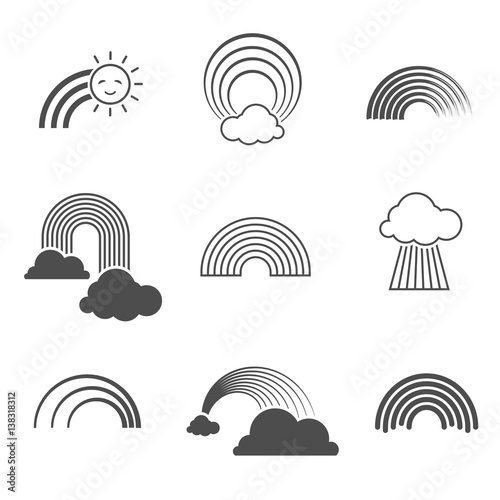 Vector black and white rainbow icons. Summer rainbows signs isolated on background