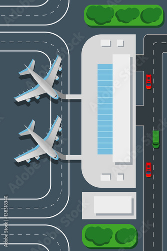 Airport top view vector illustration. Landing pad and airplanes