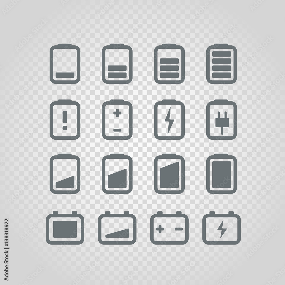 Different accumulator status icons set. Design elements set isolated on transparent