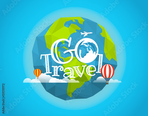 Travel vector illustration. Go travel concept with baloon and plane