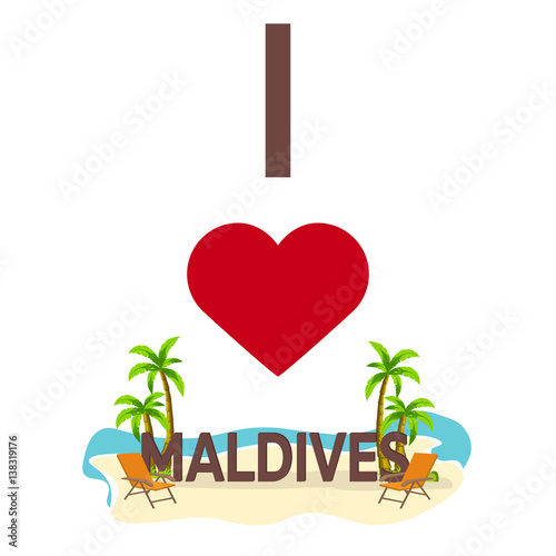 I love Maldives. Travel. Palm  summer  lounge chair. Vector flat illustration.