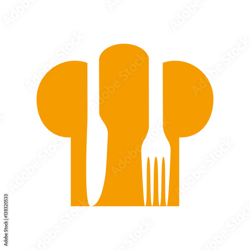 Icono plano gorro cocinero con cubiertos naranja sobre fondo blanco