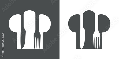 Icono plano gorro cocinero con cubiertos gris y blanco