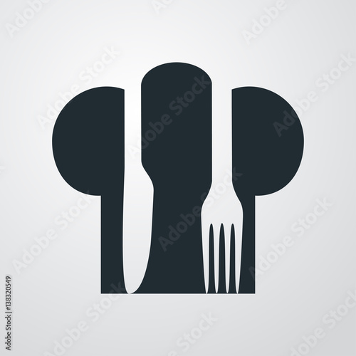 Icono plano gorro cocinero con cubiertos sobre fondo degradado gris