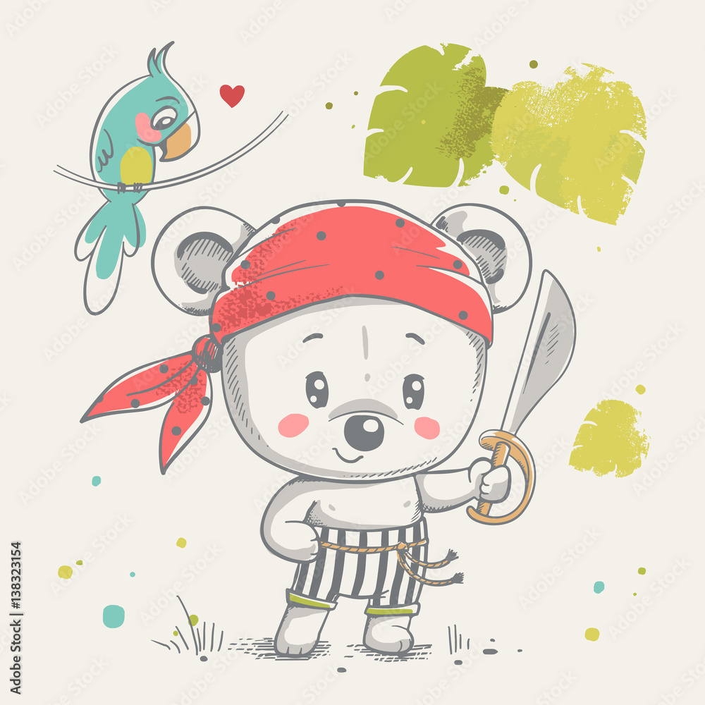 Cute little bear pirate cartoon hand drawn vector illustration. Can be used for baby t-shirt print, fashion print design, kids wear, baby shower celebration greeting and invitation card