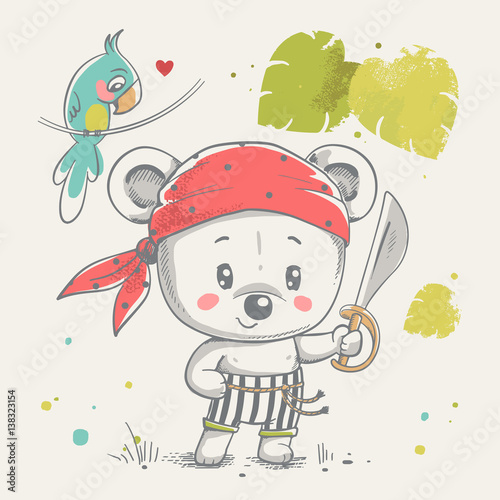 Cute little bear pirate cartoon hand drawn vector illustration. Can be used for baby t-shirt print, fashion print design, kids wear, baby shower celebration greeting and invitation card