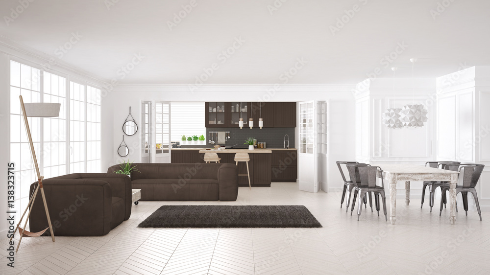 Fototapeta premium Minimalist white and brown living and kitchen, scandinavian classic interior design