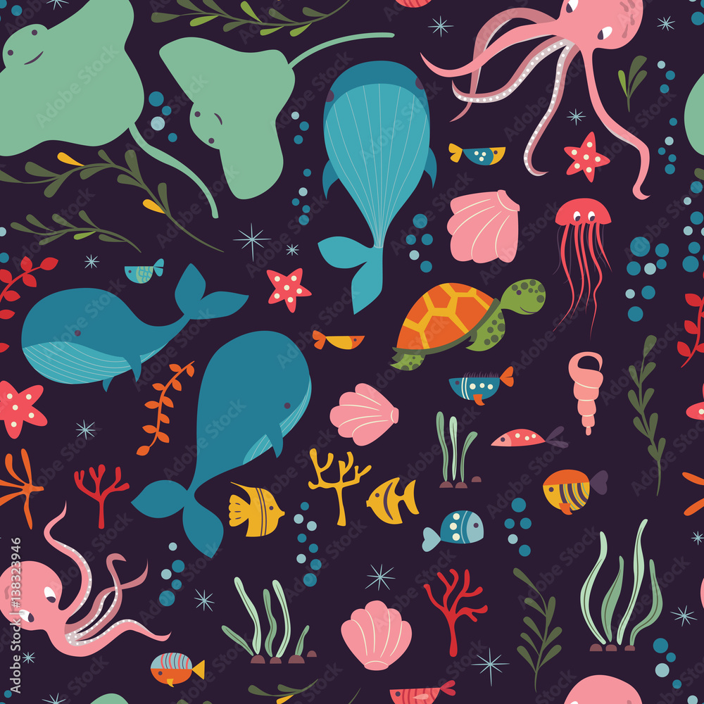 Naklejka Wzór z podwodnymi zwierzętami oceanicznymi, wielorybem, ośmiornicą, płaszczką, meduzą