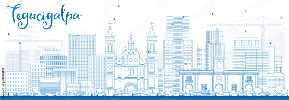 Outline Tegucigalpa Skyline with Blue Buildings.