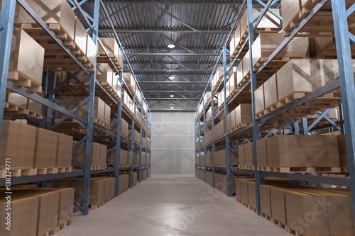 3D rendered illustration of interior of distribution warehouse.
