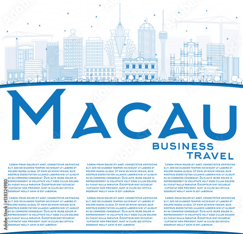 Outline Macau Skyline with Blue Buildings and Copy Space.