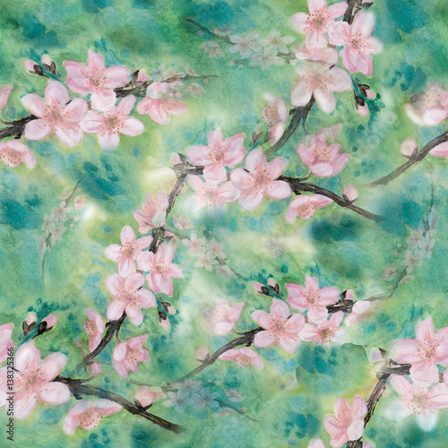 Branches of a blossoming tree.Watercolor. Wallpaper. Seamless pattern. Use printed materials, signs, posters, postcards, packaging.