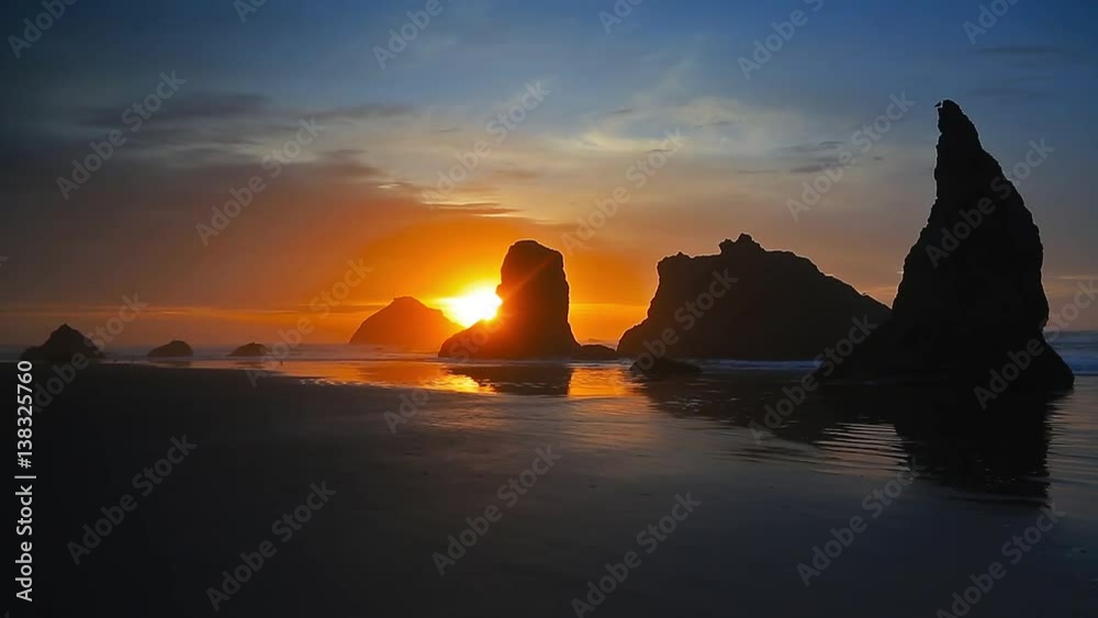 Sunset surf at Bandon Beach with seastacks, Oregon