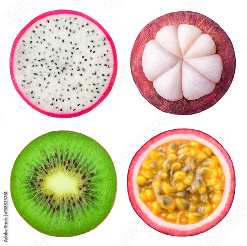 Isolated tropical fruits slices. Pieces of dragonfruit, mangosteen, kiwi and passion fruit isolated on white background with clipping path