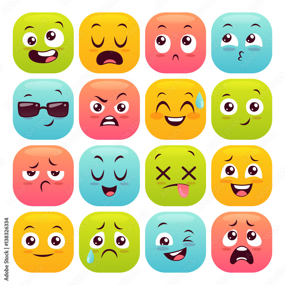 Sixteen emoticons set. Colorful emoji design buttons isolated on white ...