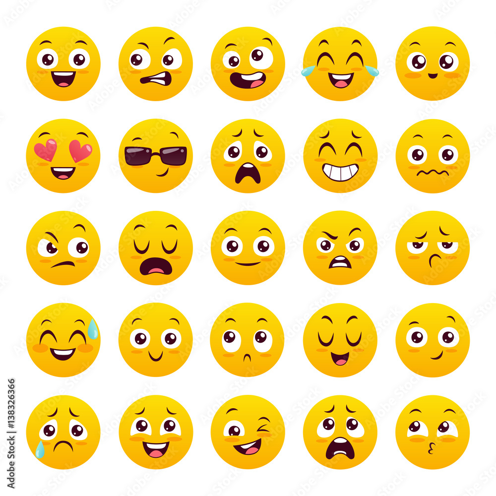 Set of twenty five emoticons. Icon pack. Yellow emoji isolated on white background. Vector illustration.