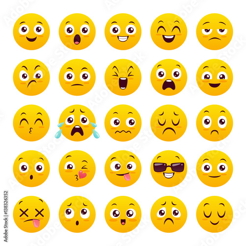 Set of twenty five emoticons. Icon pack. Yellow emoji isolated on white background. Vector illustration.
