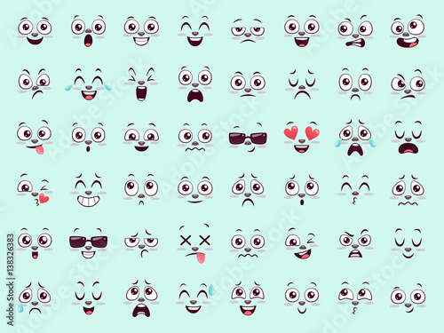 Set of cute animal emojis. Forty eight funny face expressions for your designs. Vector illustration.