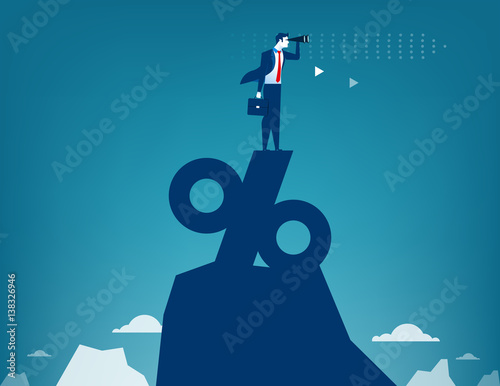 Man looking through telescope standing on top of percentage sign