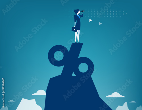 Woman looking through telescope standing on top of percentage sign