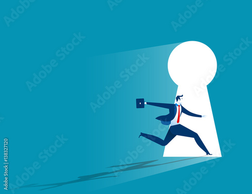Businessman running to large keyhole