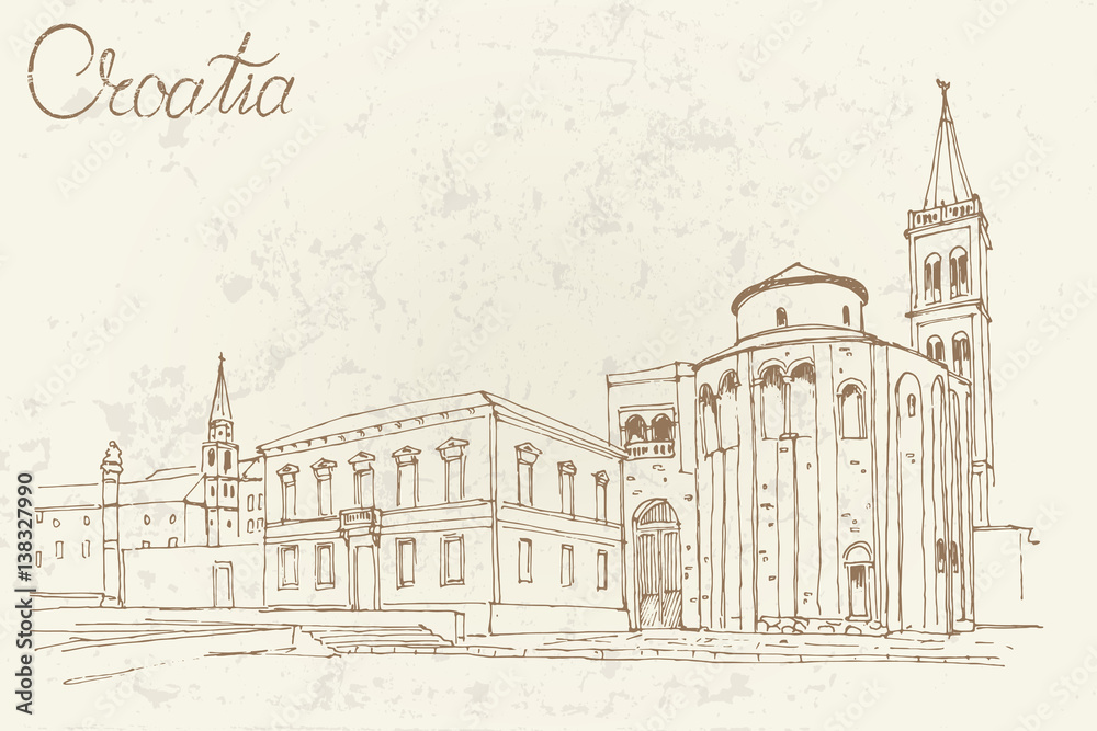 Vector sketch of church of St. Donat on the roman forum, Zadar, Croatia