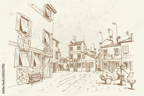 Vector sketch of architecture of Burano island, Venice, Italy. Retro style.