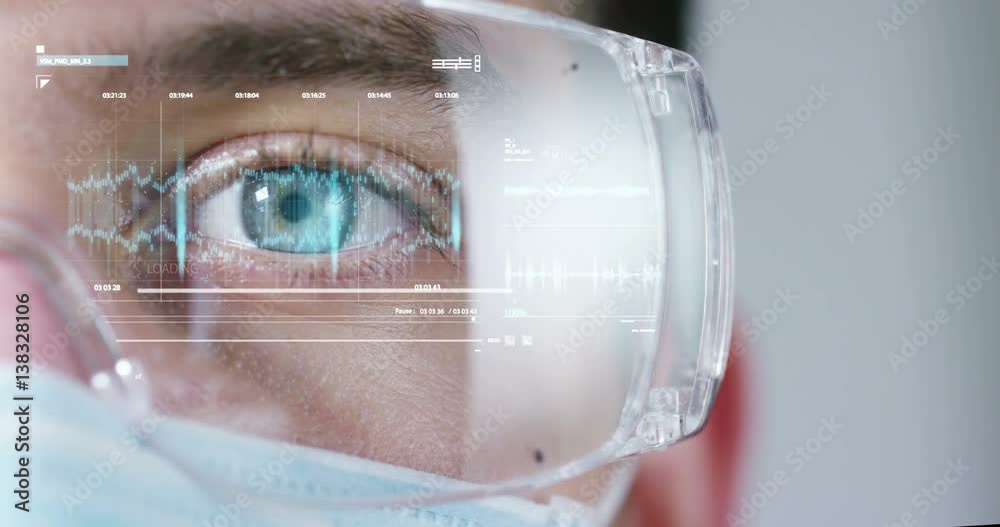 Close up of a scientist with futuristic graphics  with which scans and reads the DNA. Concept: immersive technology, augmented reality, science and research.
