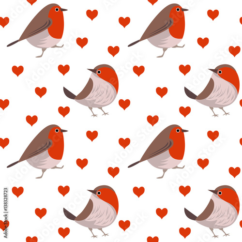 Seamless pattern with cartoon bird and hearts, pattern to the theme of Valentine's Day.