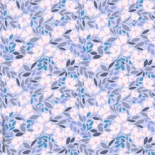 Wallpaper Mural Seamless pattern with floral print in soft pink and blue shades of gray on a lavender background. Torontodigital.ca