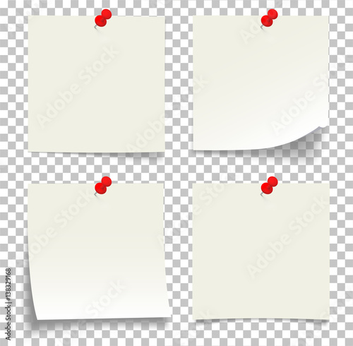 Collection of white note papers with bent corner, with the red button, ready for your message - Stock Vector.
