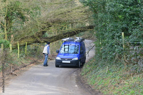 A fallen tree on a country lane in Coulsdon, Surrey caused by Storm Doris in February 2017. 